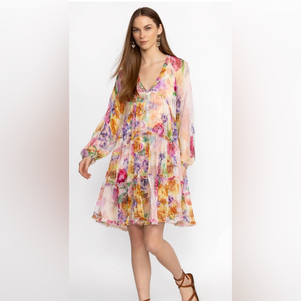 Johnny Was Pink and Orange Tiered Sundress with Bishop Sleeves